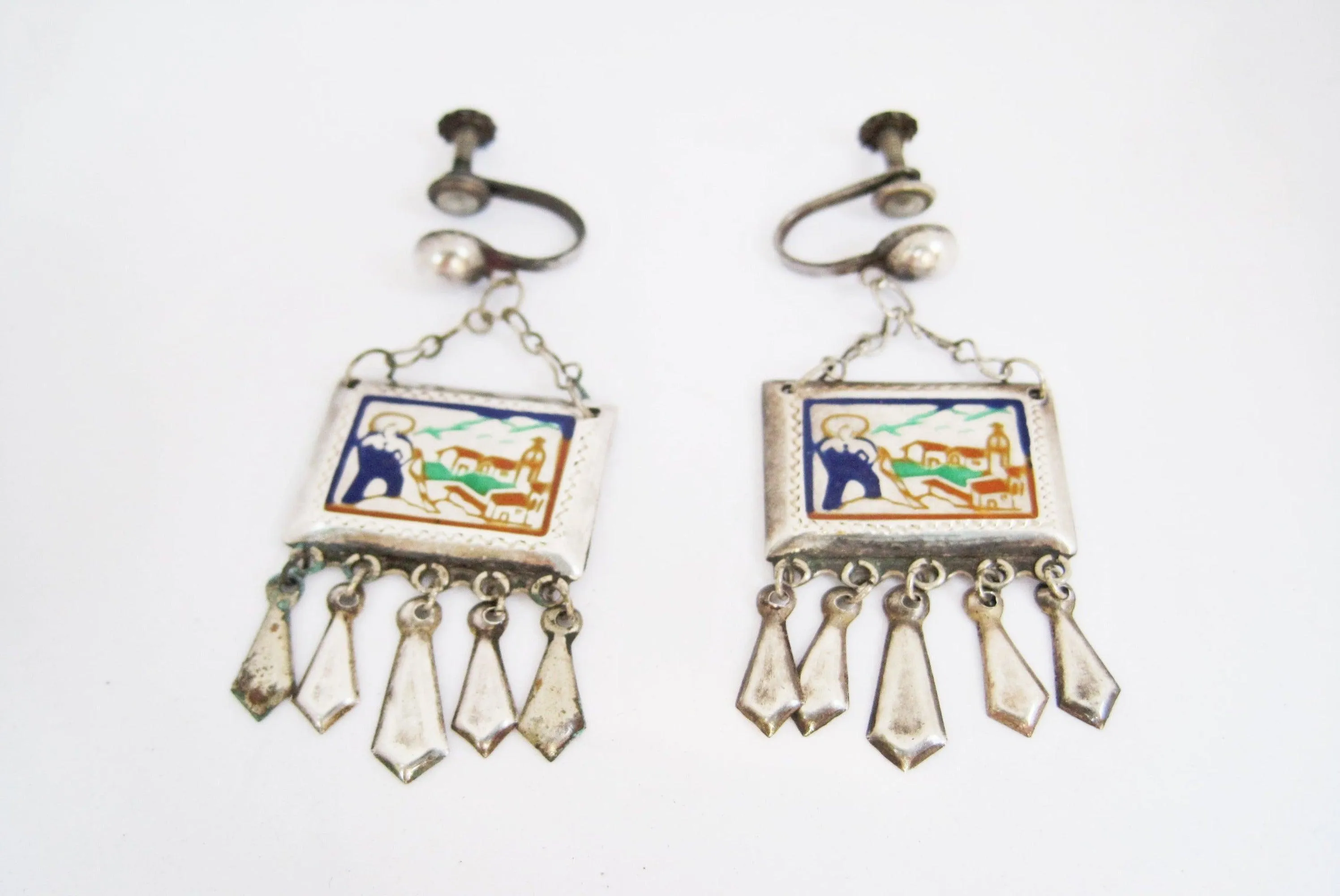 Early Mexican Silver and Enamel Screw Back Earrings