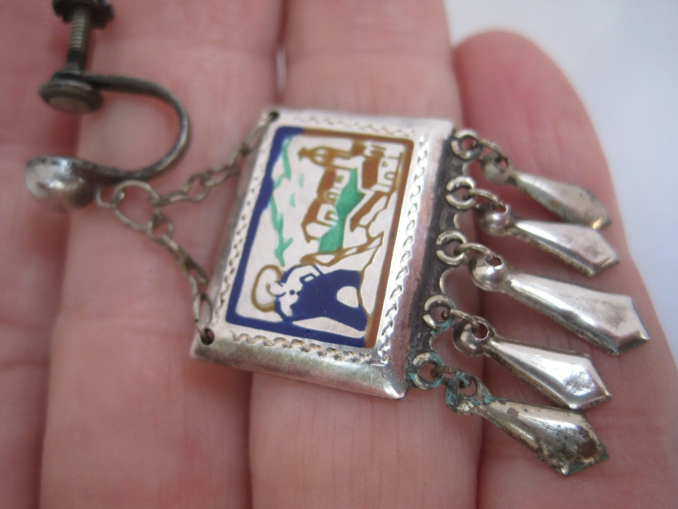 Early Mexican Silver and Enamel Screw Back Earrings