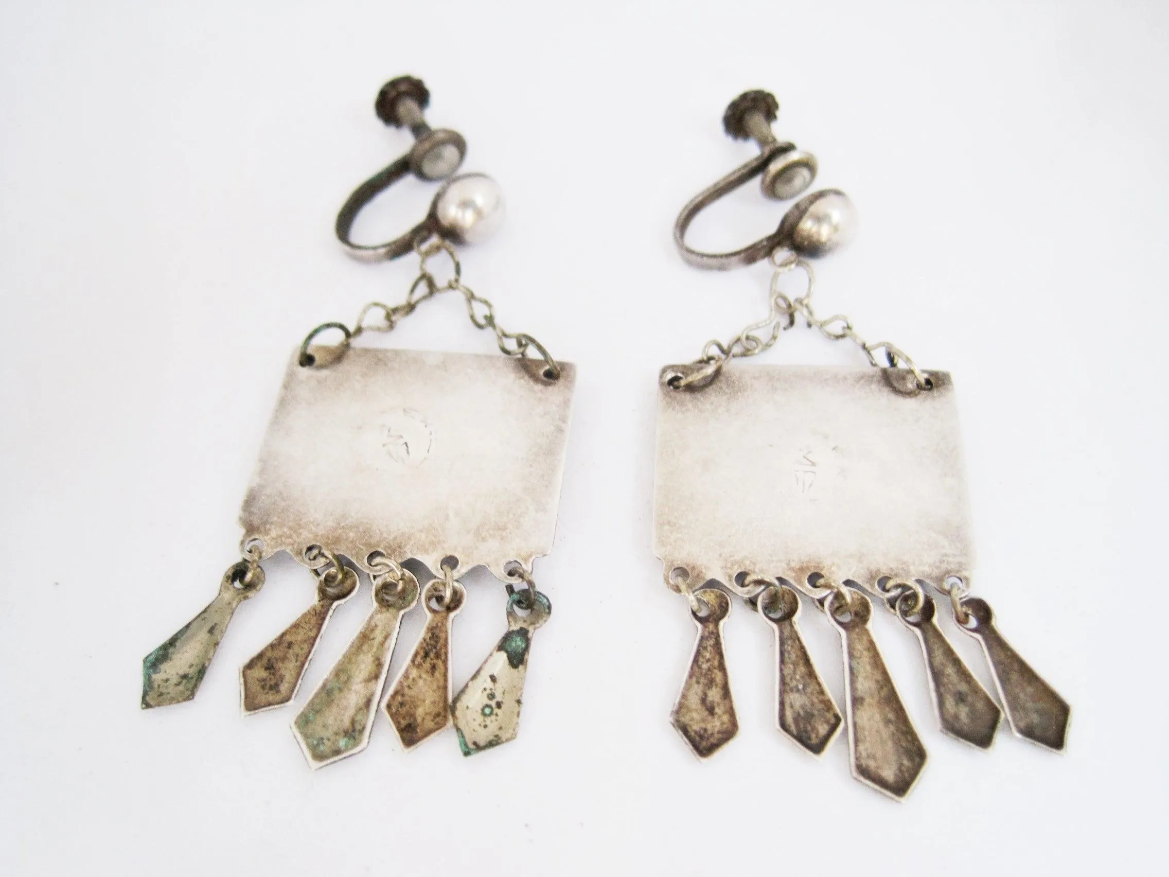 Early Mexican Silver and Enamel Screw Back Earrings