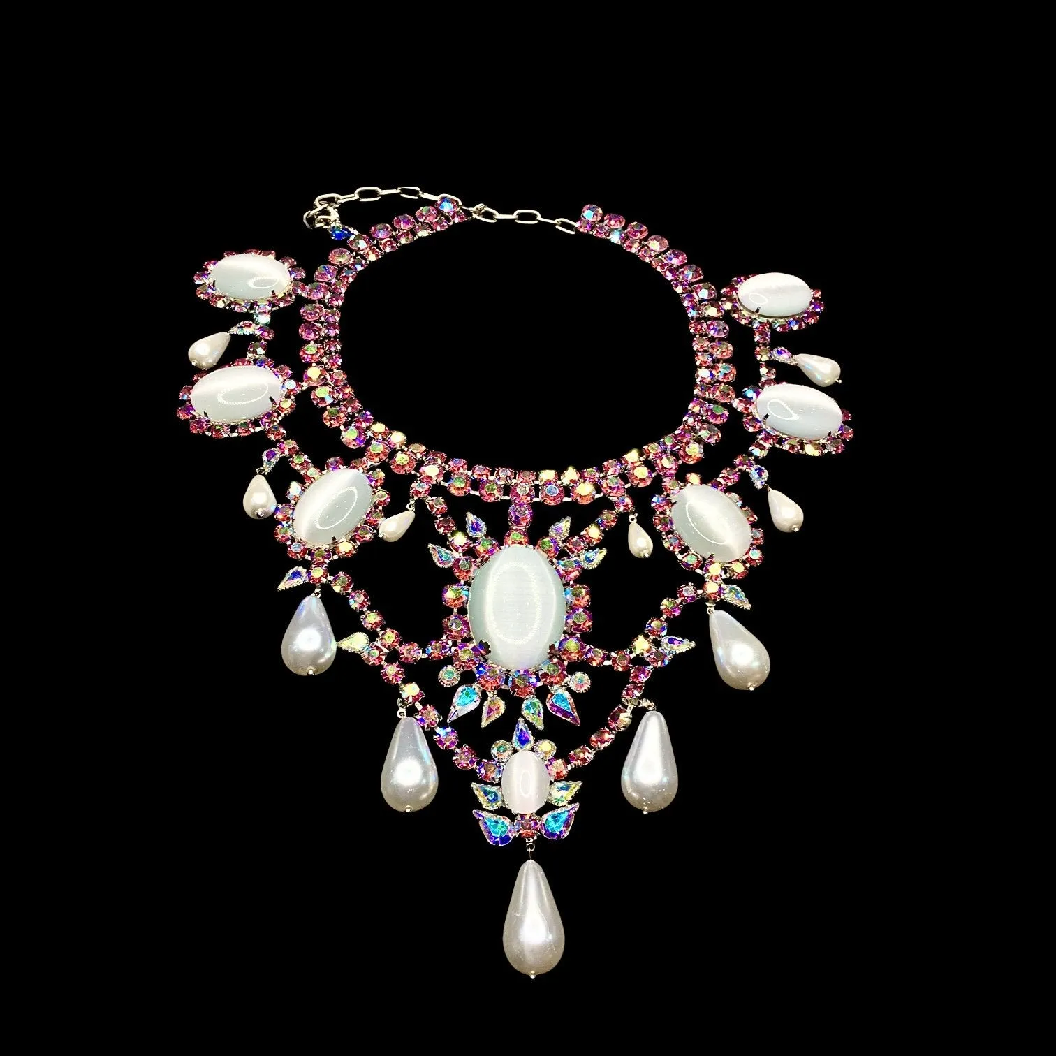 Earrings Large Regal Oval Pink and AB Crystals with Dangling Pearls