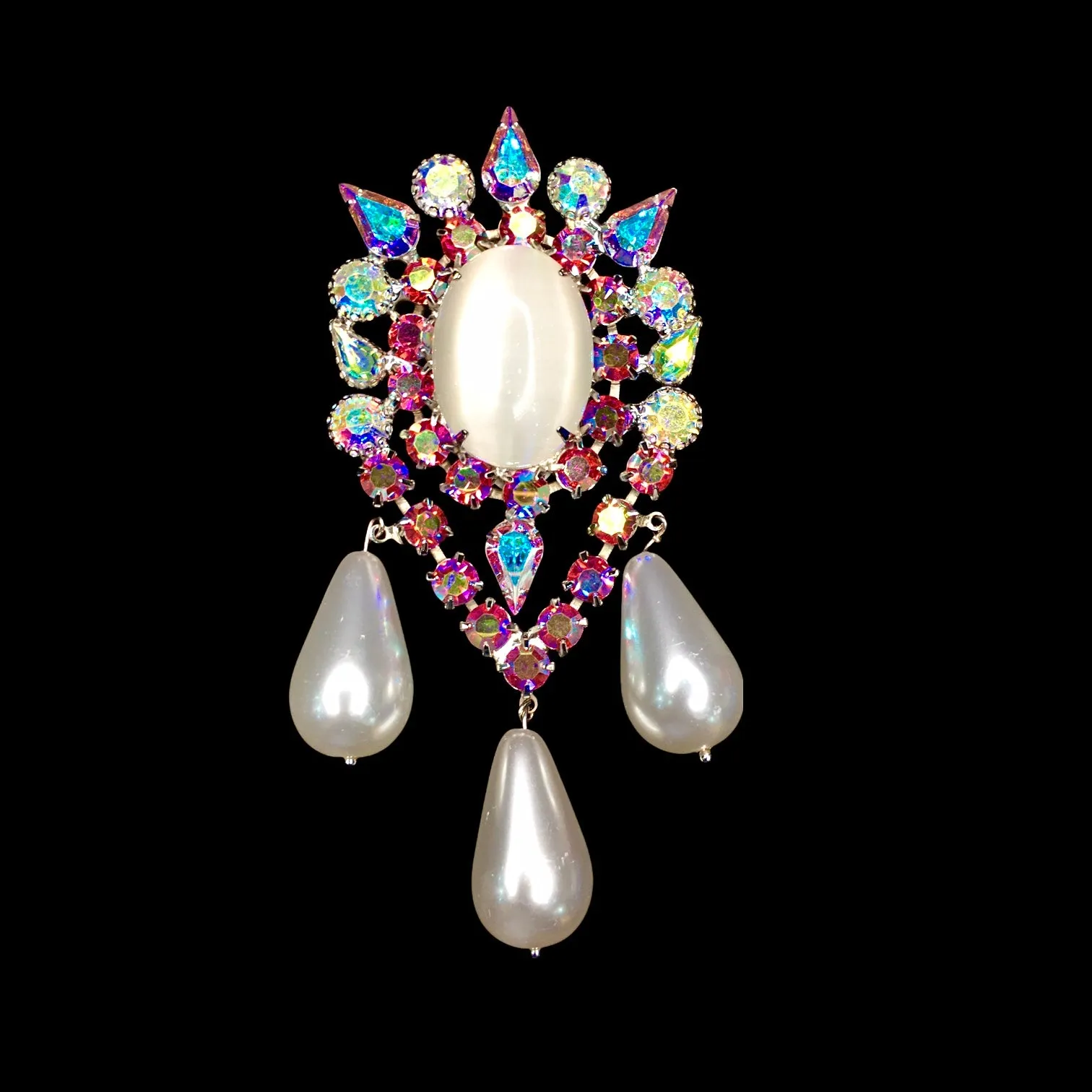 Earrings Large Regal Oval Pink and AB Crystals with Dangling Pearls