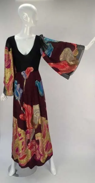 Exquisite 1970s Pauline Trigere Silk Multicolored Metallic Evening Dress