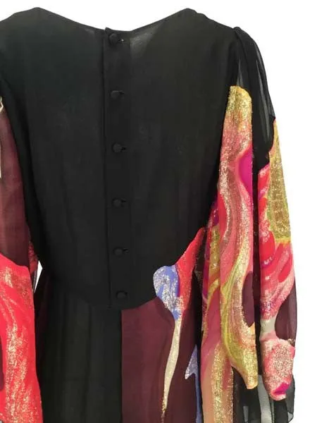 Exquisite 1970s Pauline Trigere Silk Multicolored Metallic Evening Dress