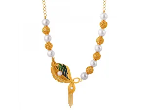 Exquisite 22k Gold & Pearl Necklace With Peacock Feather Detailing