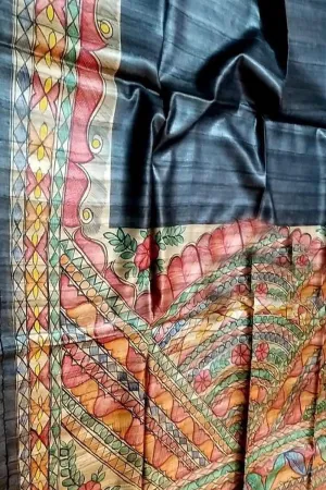 Exquisite Black Hand Painted Madhubani Silk Saree