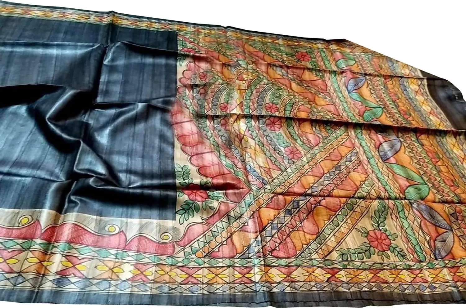 Exquisite Black Hand Painted Madhubani Silk Saree