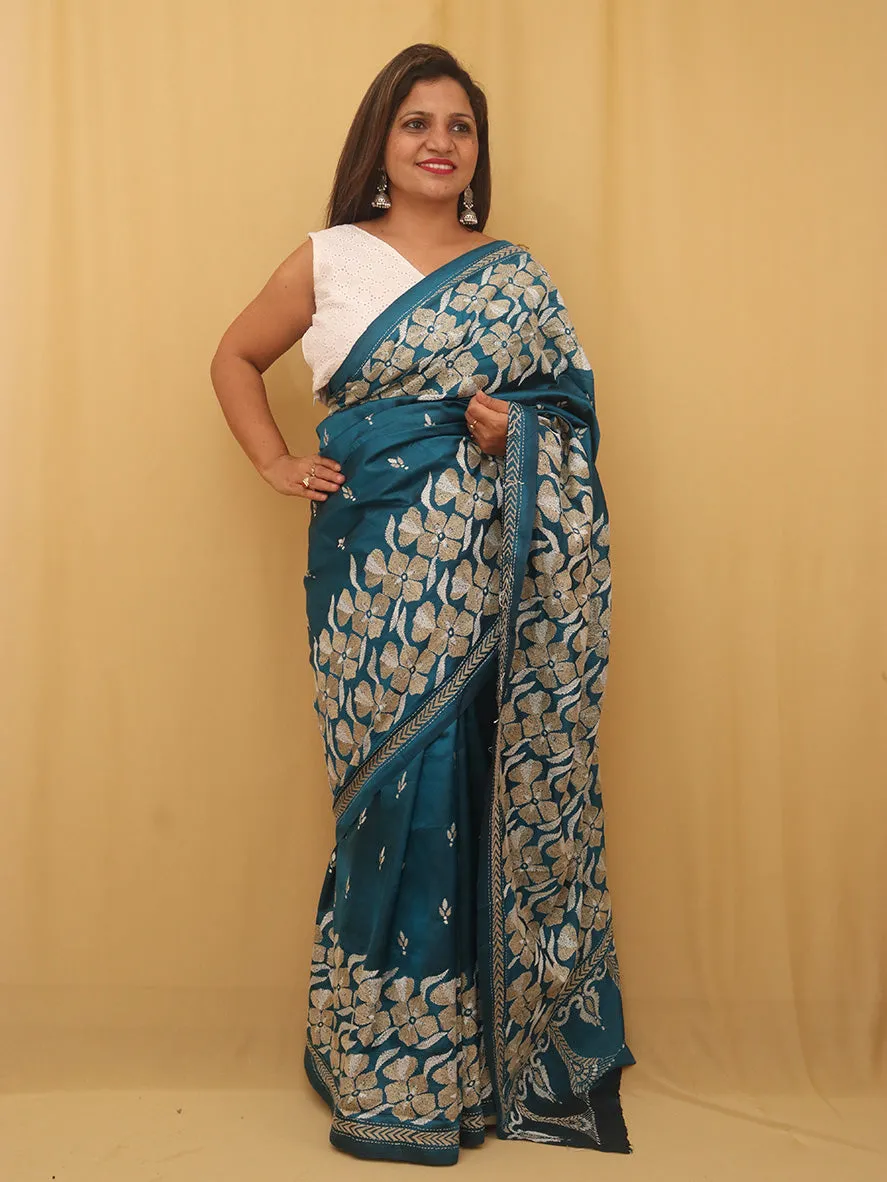 Exquisite Blue Kantha Silk Saree with Hand Embroidery