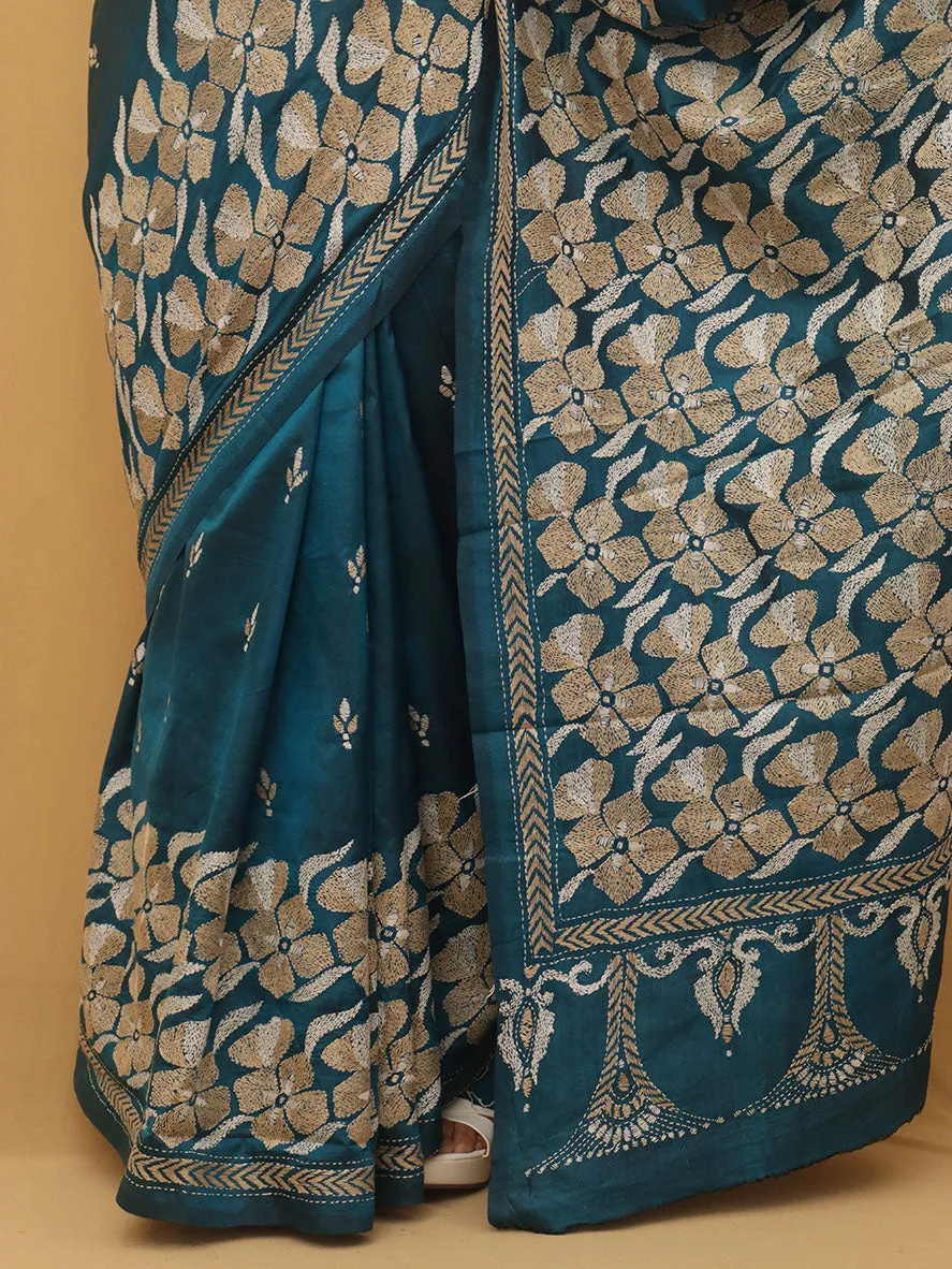 Exquisite Blue Kantha Silk Saree with Hand Embroidery