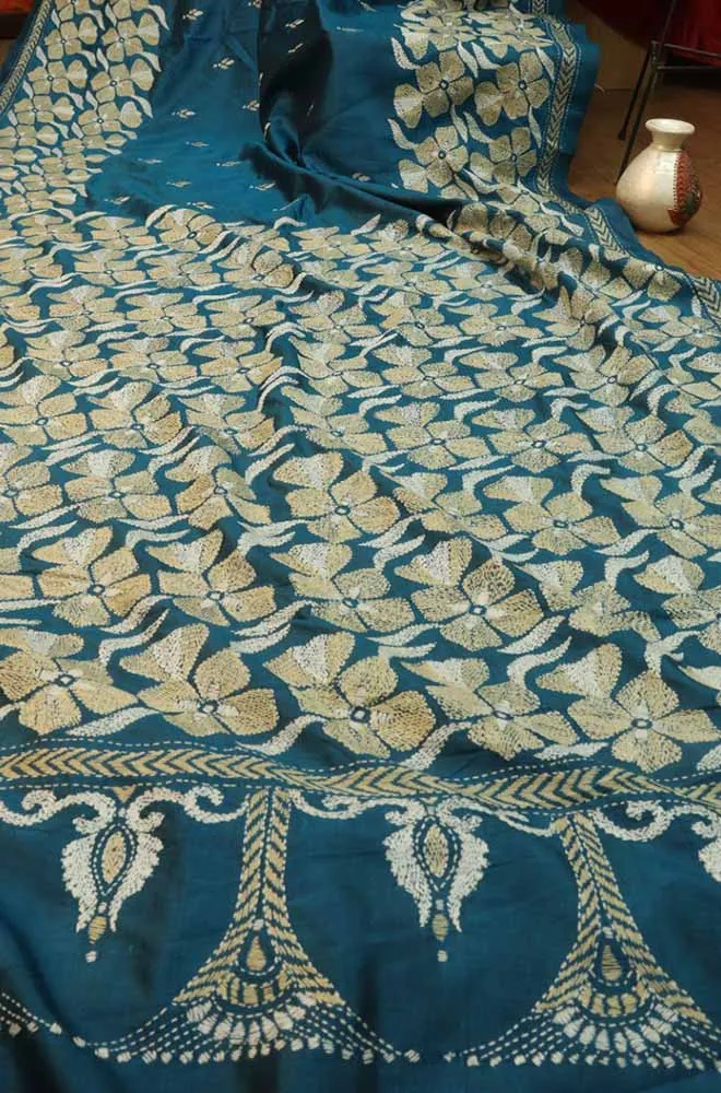 Exquisite Blue Kantha Silk Saree with Hand Embroidery