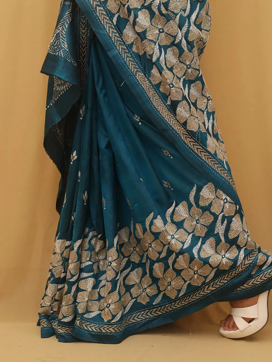 Exquisite Blue Kantha Silk Saree with Hand Embroidery