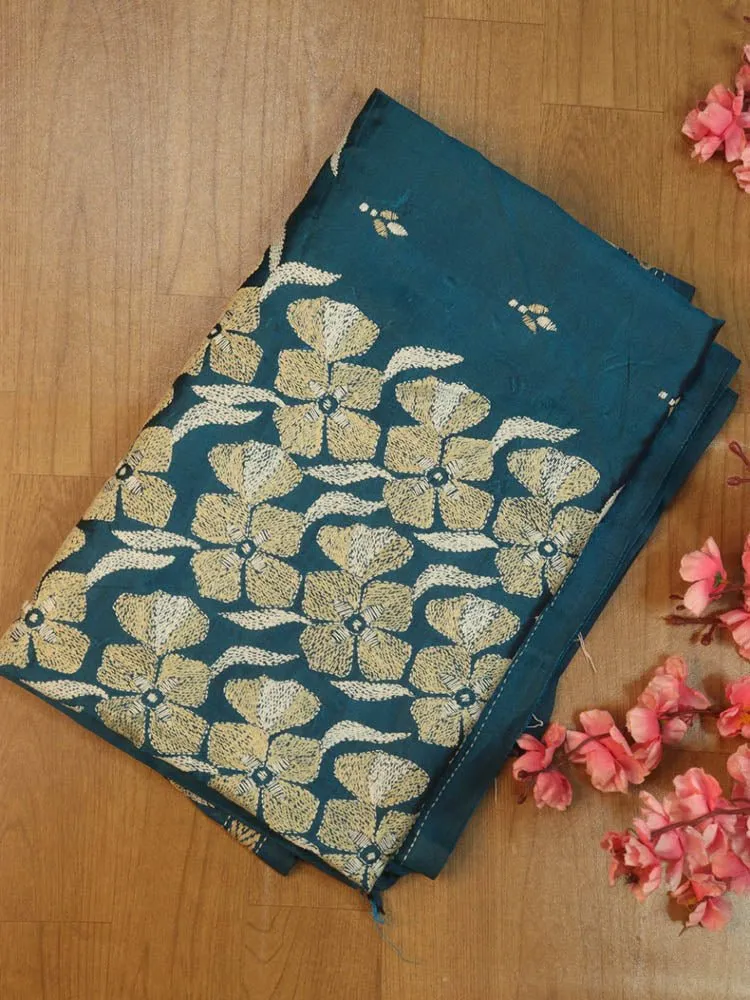 Exquisite Blue Kantha Silk Saree with Hand Embroidery