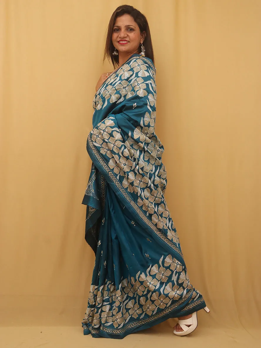 Exquisite Blue Kantha Silk Saree with Hand Embroidery