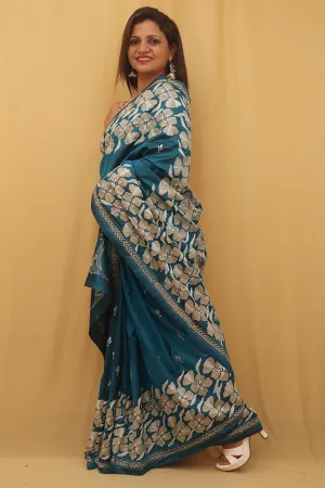 Exquisite Blue Kantha Silk Saree with Hand Embroidery