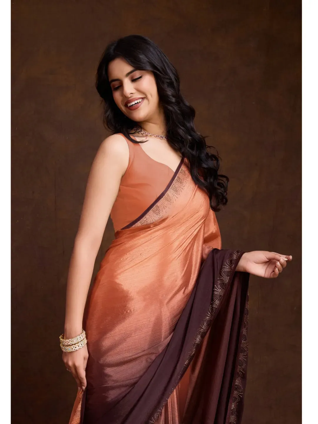Exquisite Brown Shaded Chinon Swarovski Worked Saree