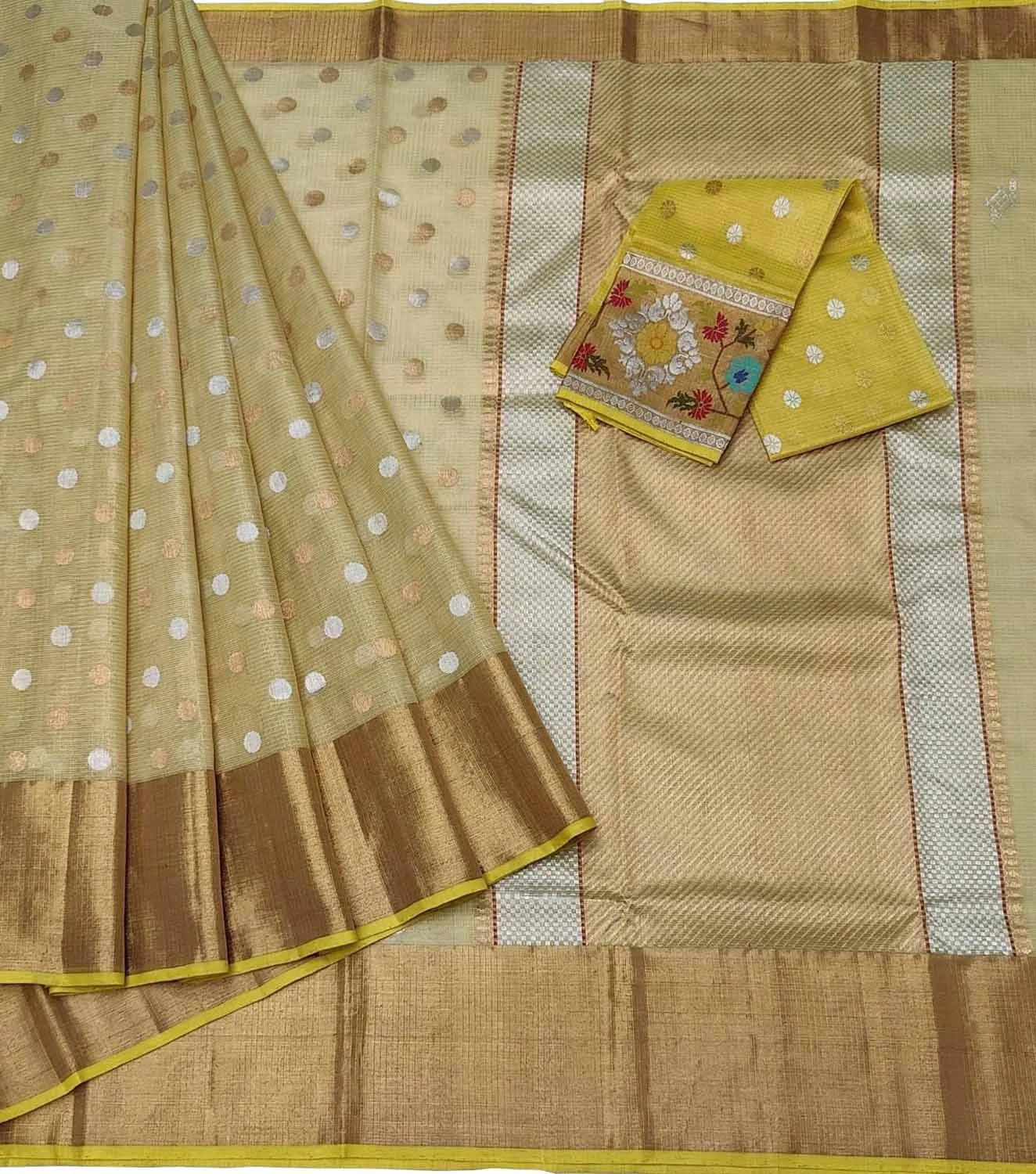 Exquisite Golden Handloom Kota Doria Zari Saree