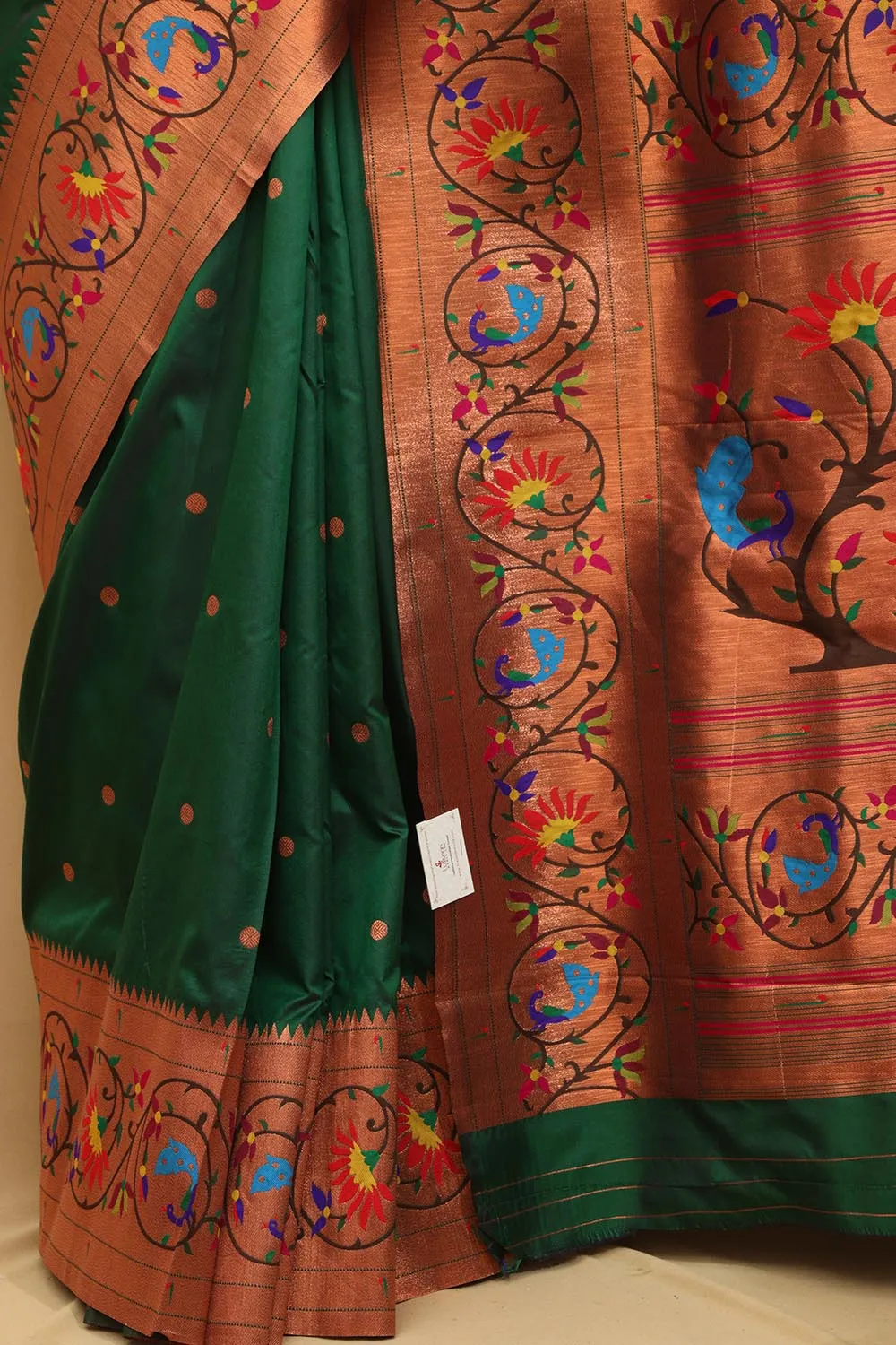 Exquisite Green Paithani Silk Saree with Peacock & Flower