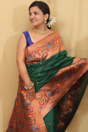 Exquisite Green Paithani Silk Saree with Peacock & Flower