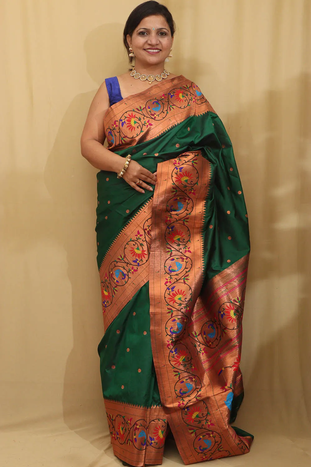 Exquisite Green Paithani Silk Saree with Peacock & Flower