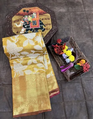 Exquisite Kanjivaram Silk Yellow Saree with Zari Weaving Work