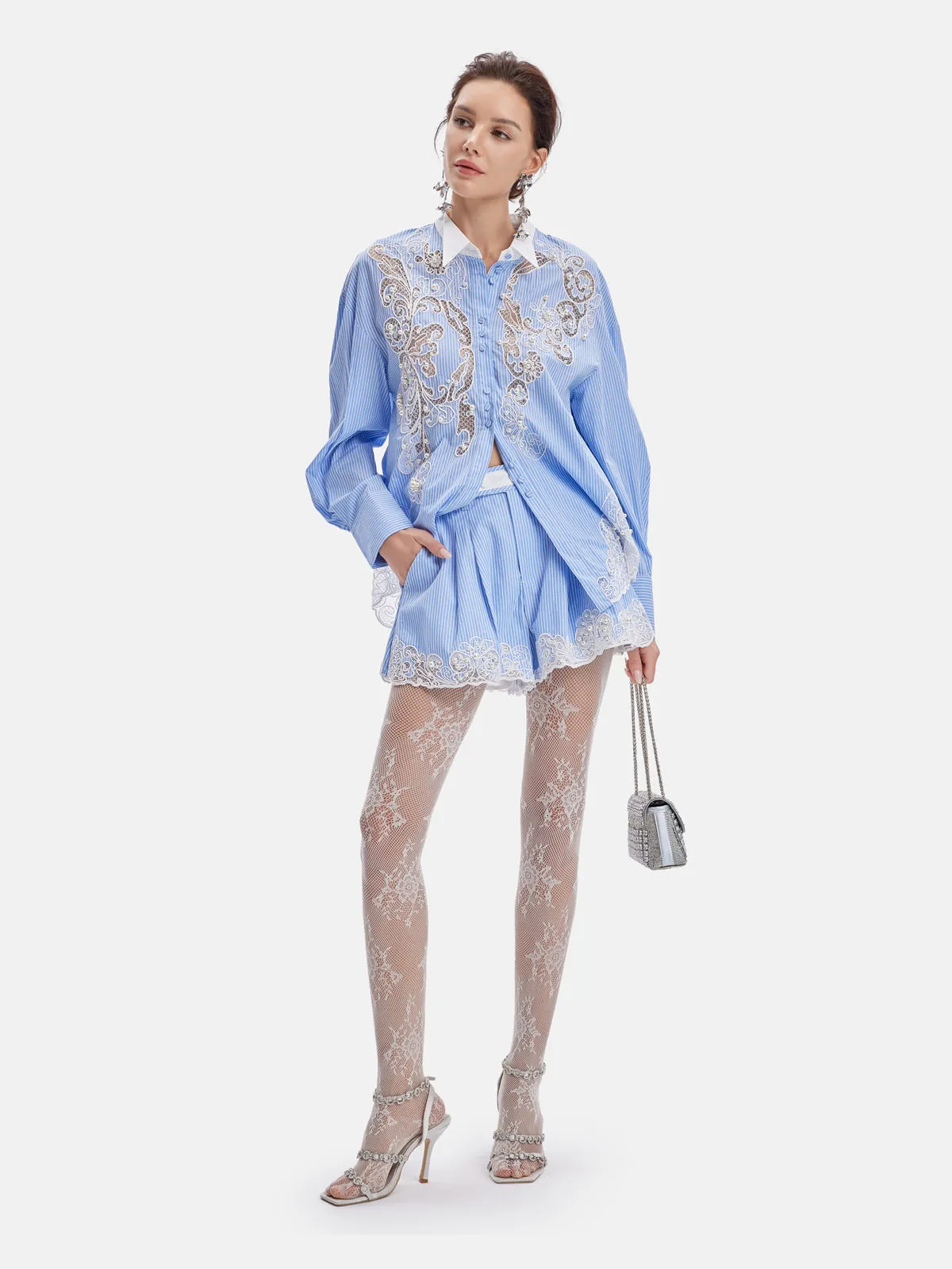Exquisite Lace Embroidered Striped Short