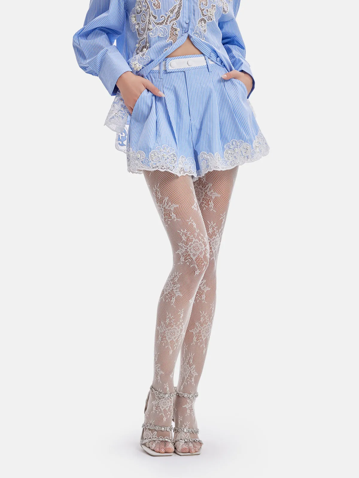 Exquisite Lace Embroidered Striped Short