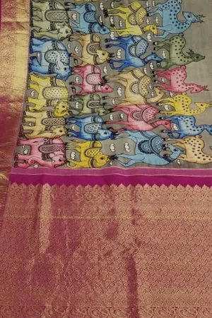 Exquisite Multicolor Kalamkari Silk Saree with Kanjeevaram Border