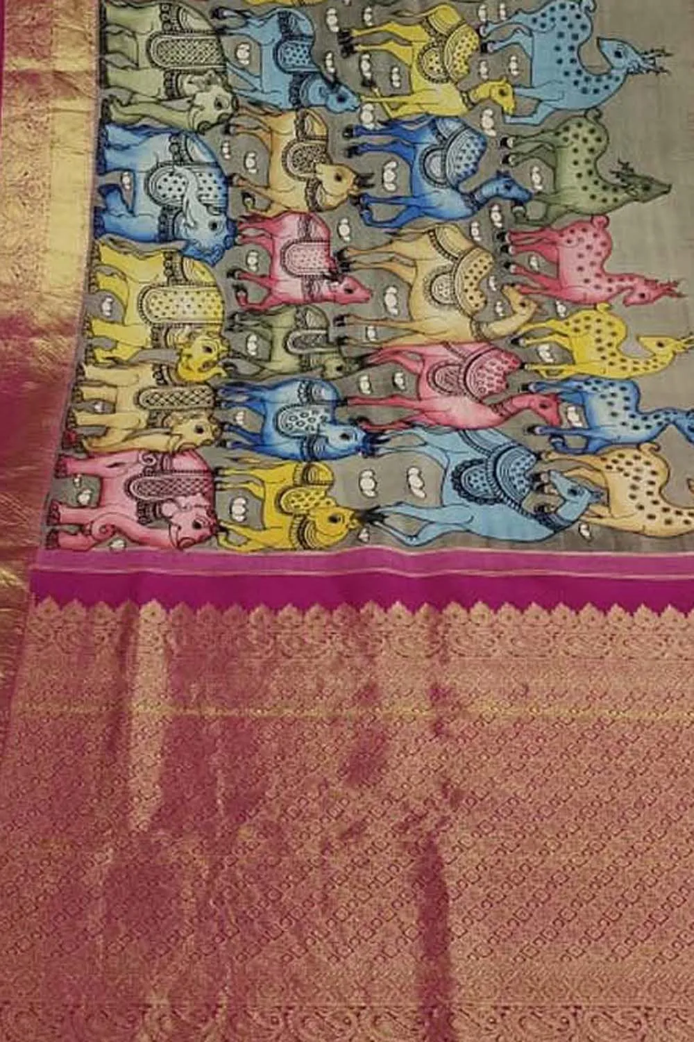 Exquisite Multicolor Kalamkari Silk Saree with Kanjeevaram Border