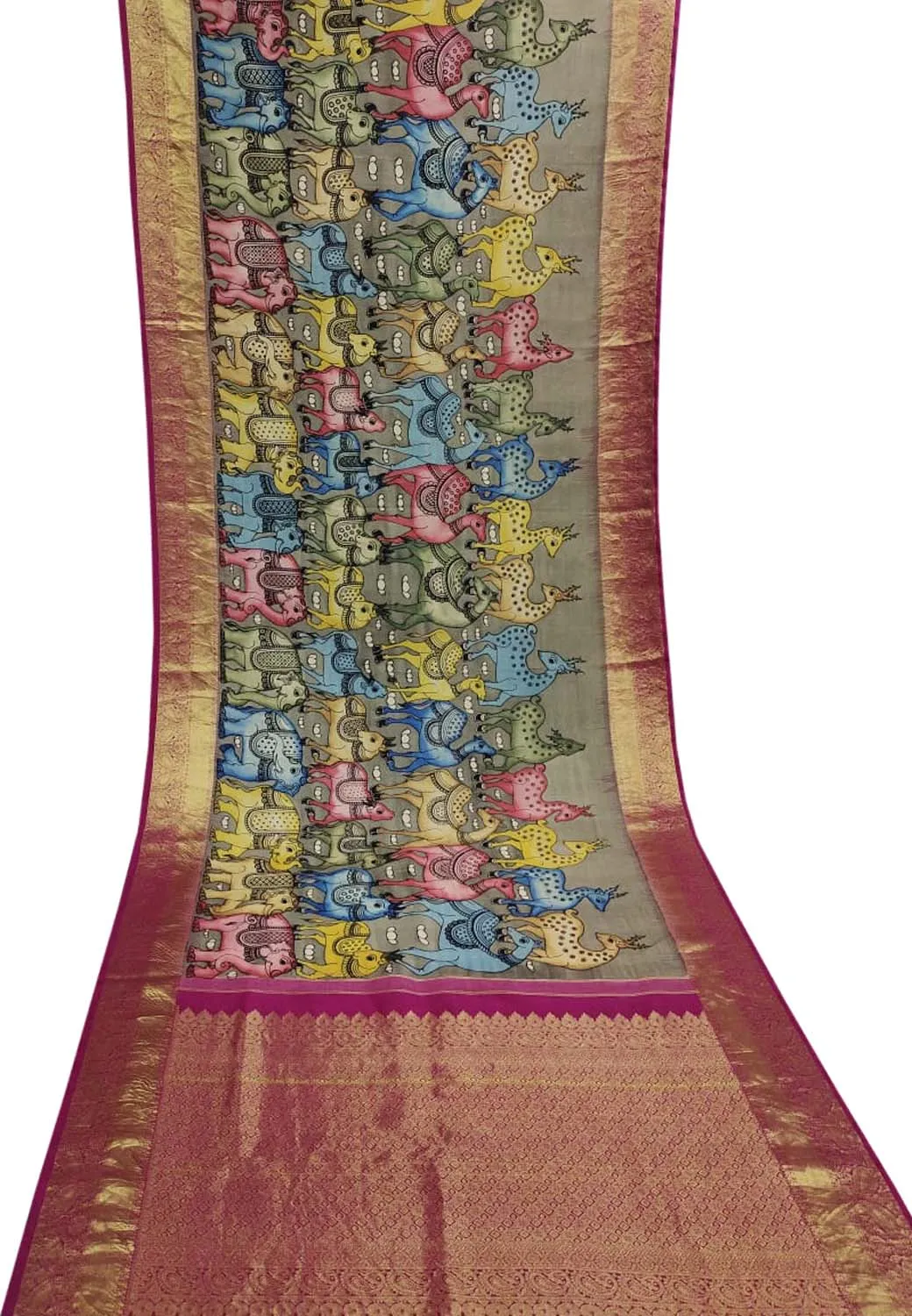 Exquisite Multicolor Kalamkari Silk Saree with Kanjeevaram Border