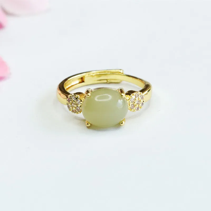 Exquisite Natural Hotan Jade and Zircon Sterling Silver Ring