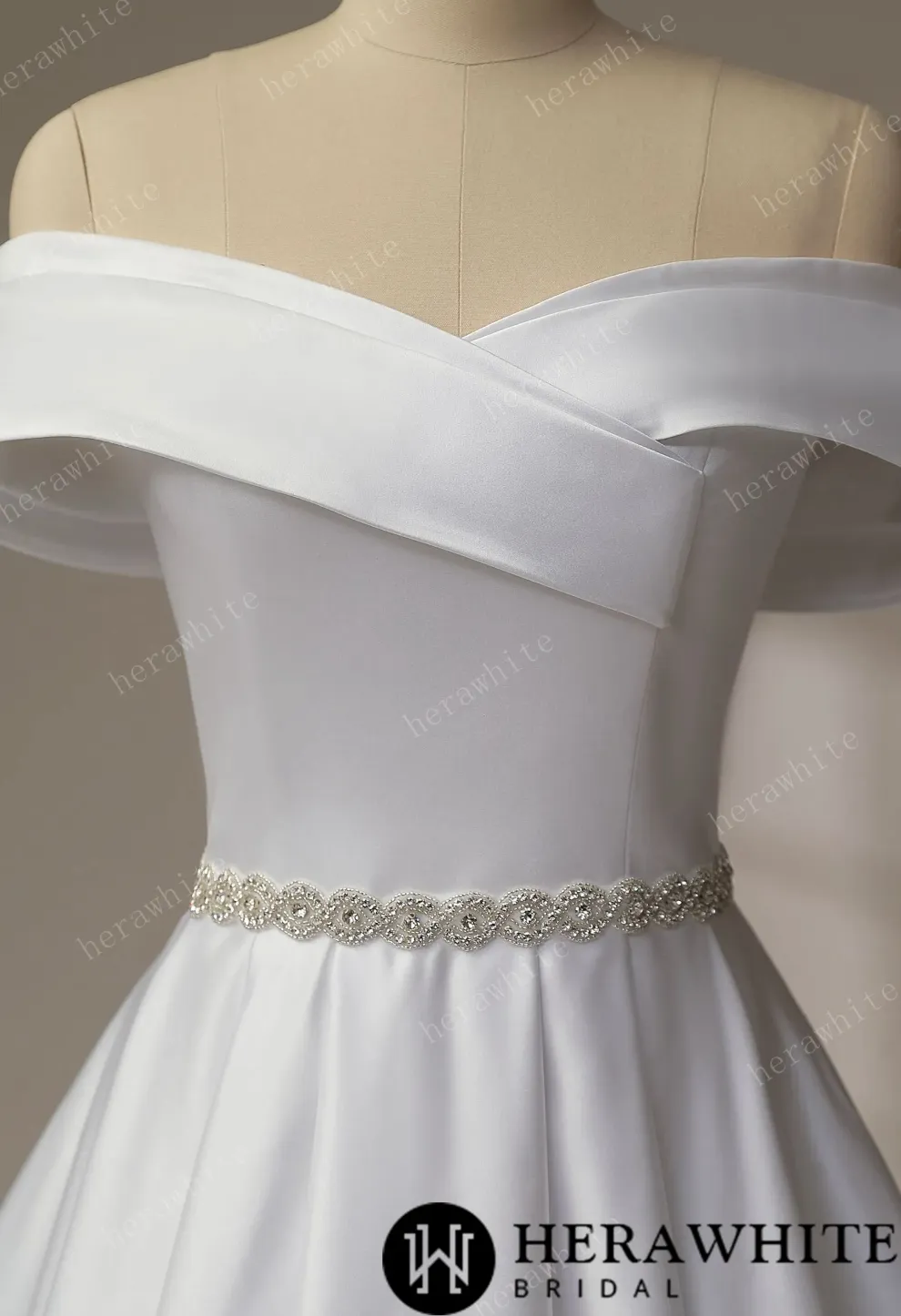 Exquisite Off-Shoulder Satin Wedding Dress with Crystal Waistband