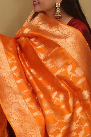 Exquisite Orange Banarasi Handloom Pure Katan Silk Dupatta