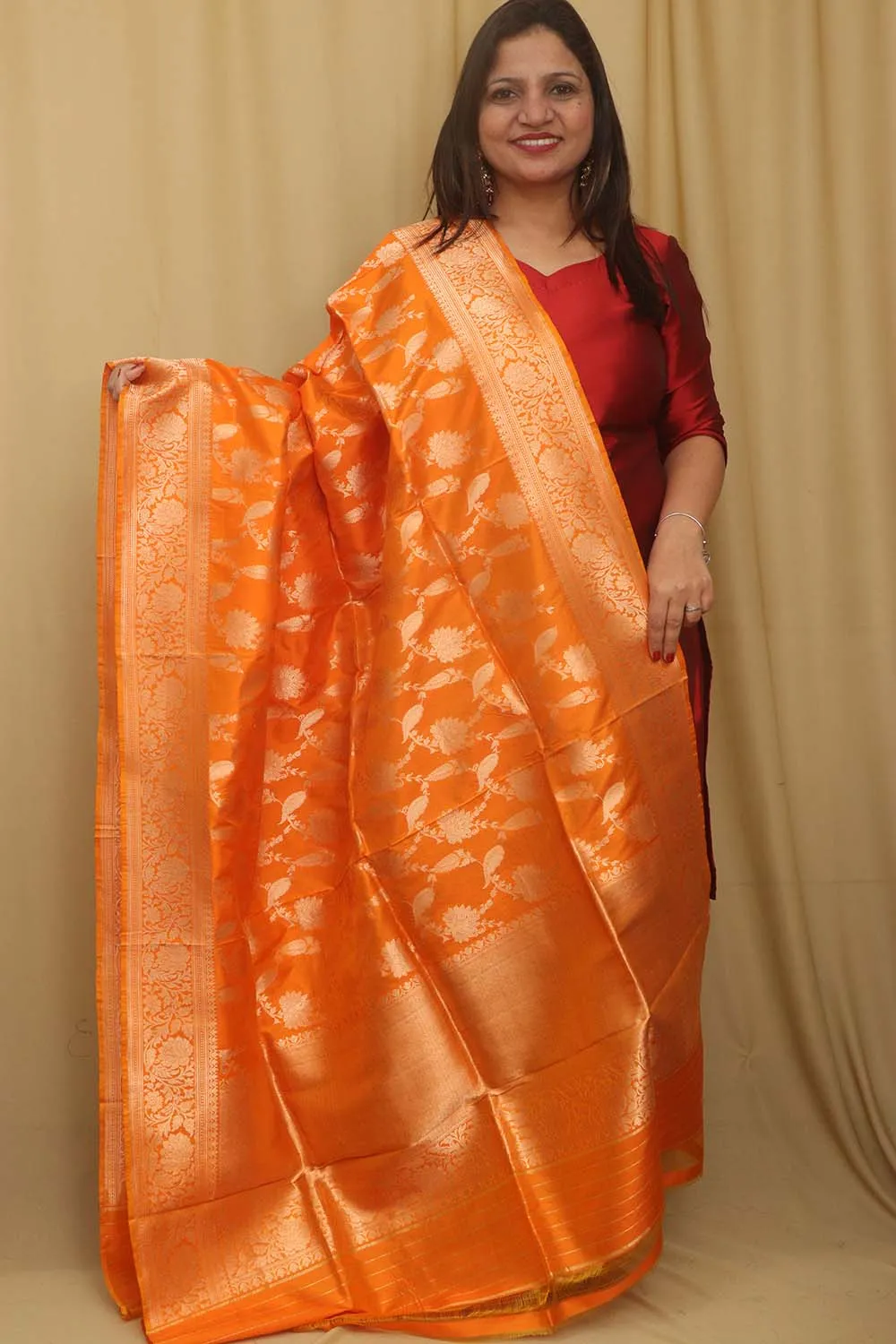 Exquisite Orange Banarasi Handloom Pure Katan Silk Dupatta