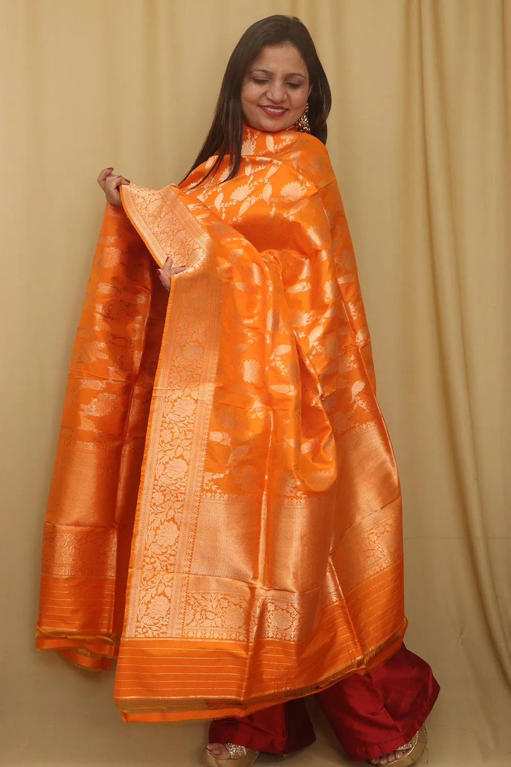Exquisite Orange Banarasi Handloom Pure Katan Silk Dupatta