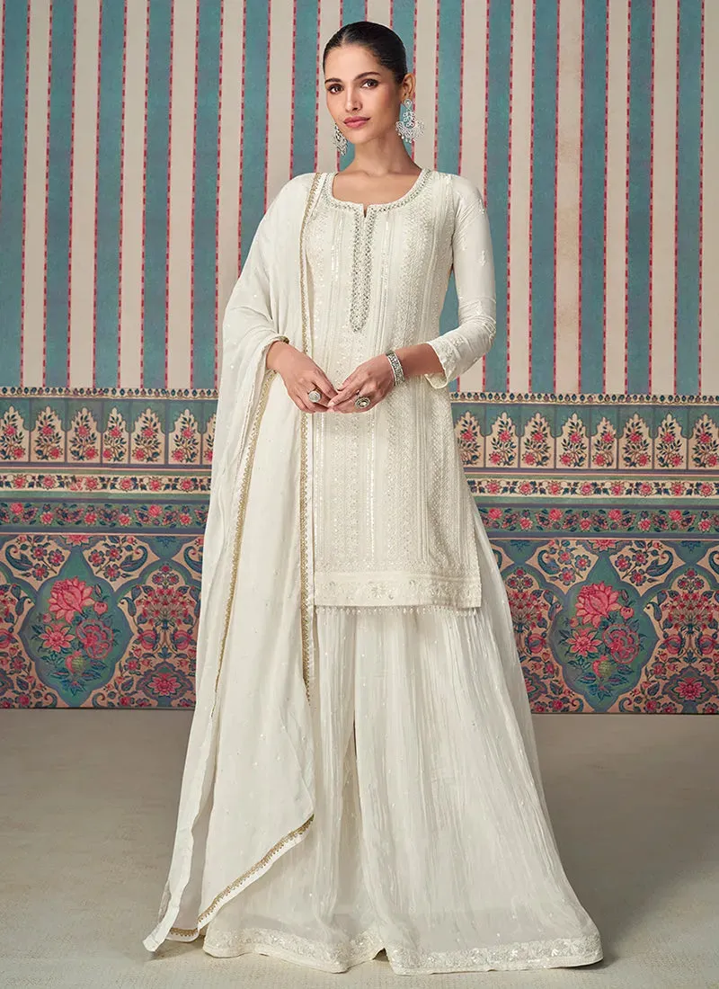 Exquisite Pearl White Embroidered Chinon Sharara Suit