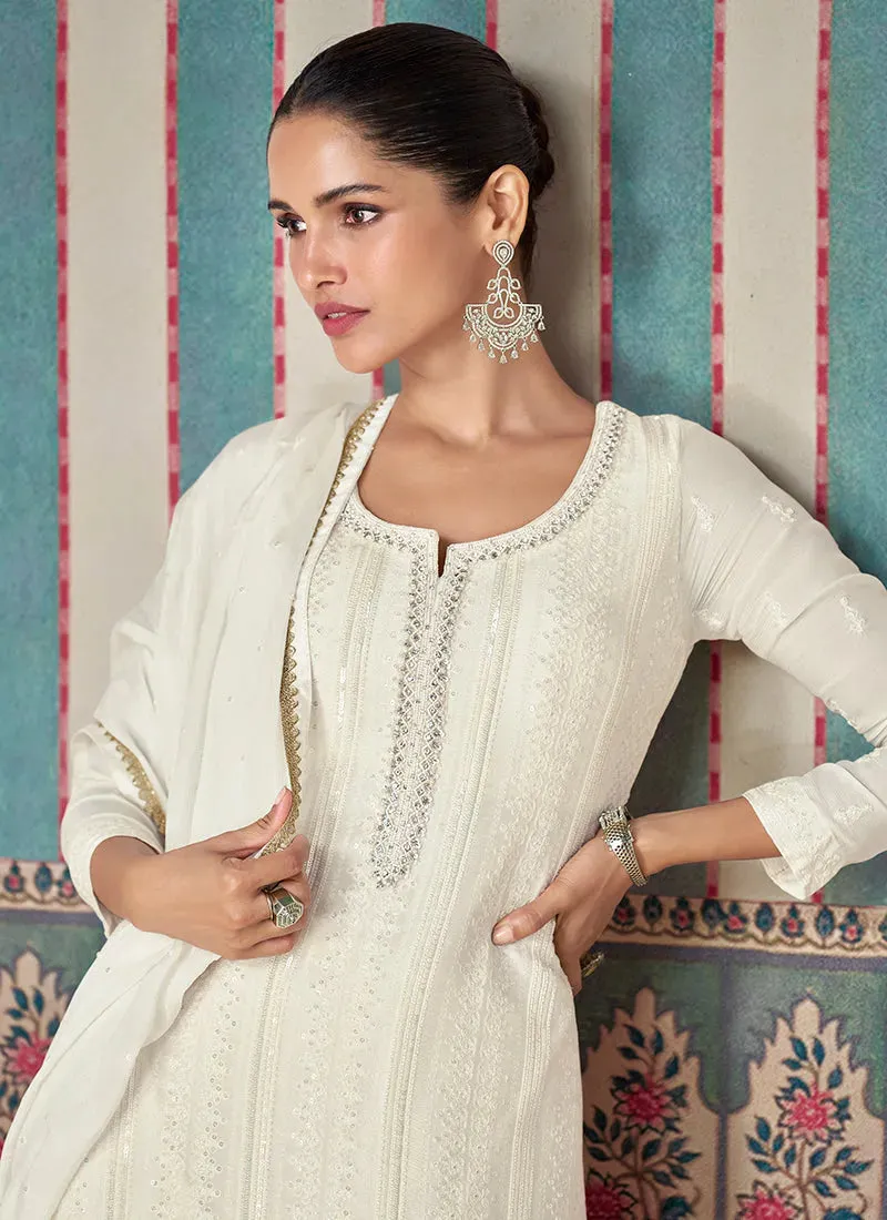 Exquisite Pearl White Embroidered Chinon Sharara Suit