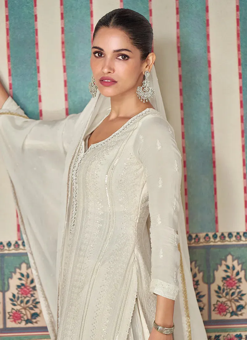 Exquisite Pearl White Embroidered Chinon Sharara Suit