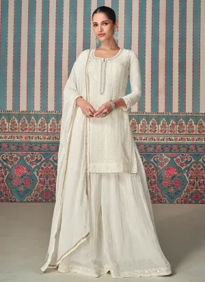 Exquisite Pearl White Embroidered Chinon Sharara Suit