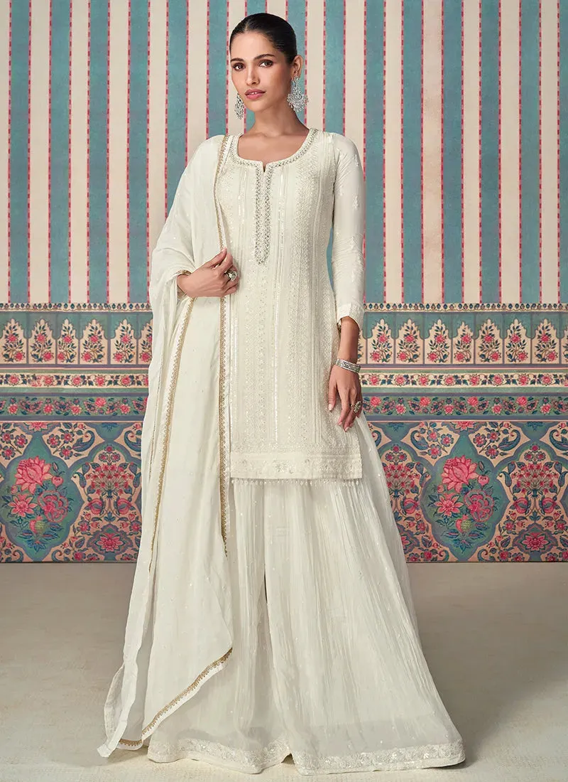Exquisite Pearl White Embroidered Chinon Sharara Suit