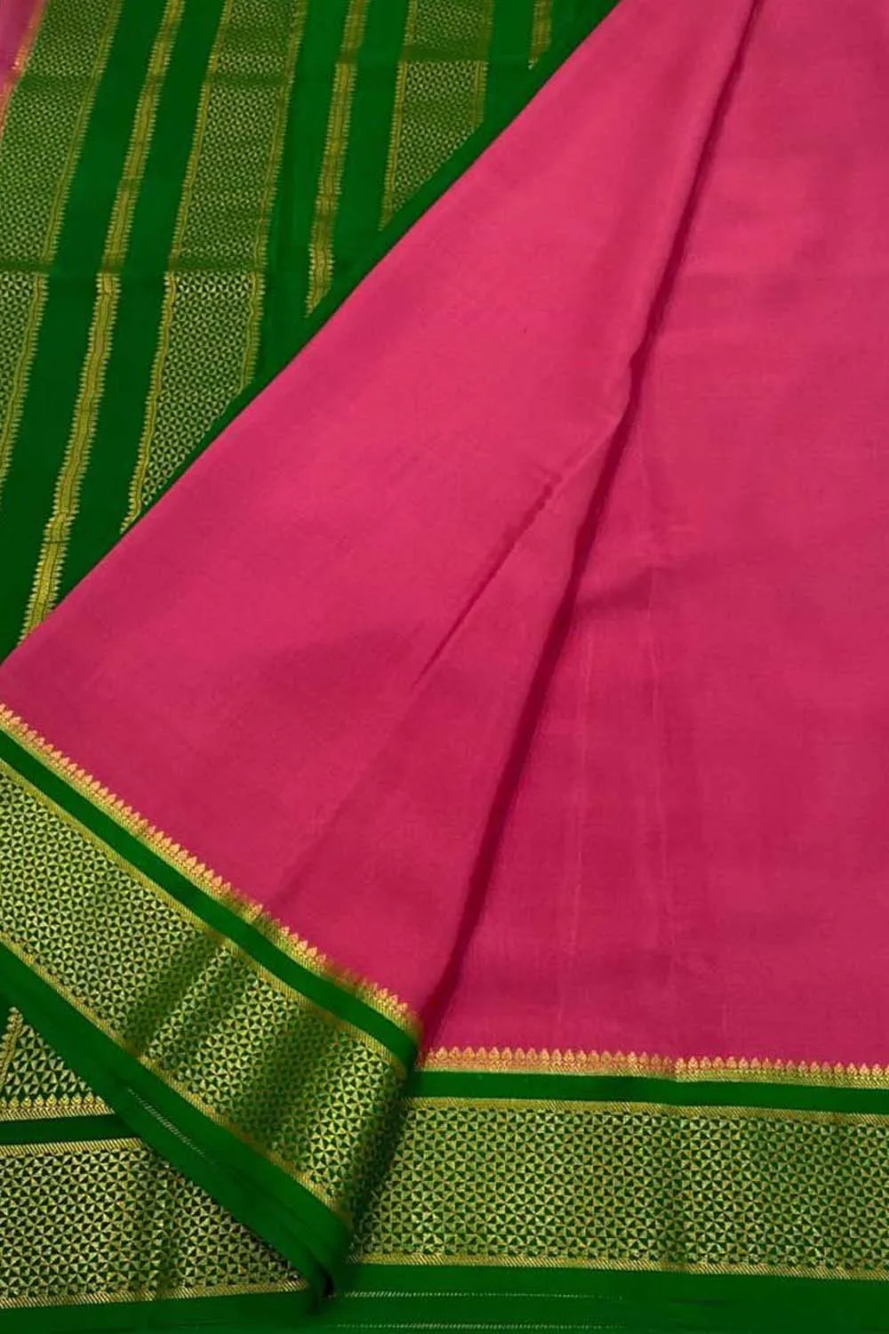 Exquisite Pink & Green Mysore Handloom Crepe Silk Saree