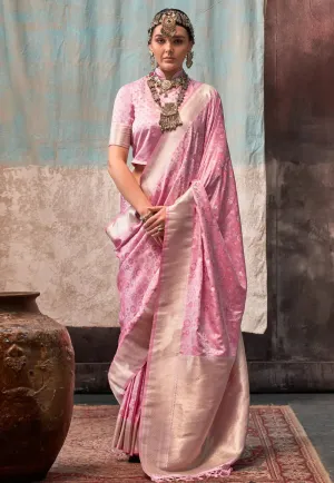 Exquisite Pink Pure Satin Silk Handloom Weaved Saree