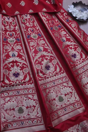 Exquisite Red Banarasi Silk Unstitched Meenakari Lehenga Set
