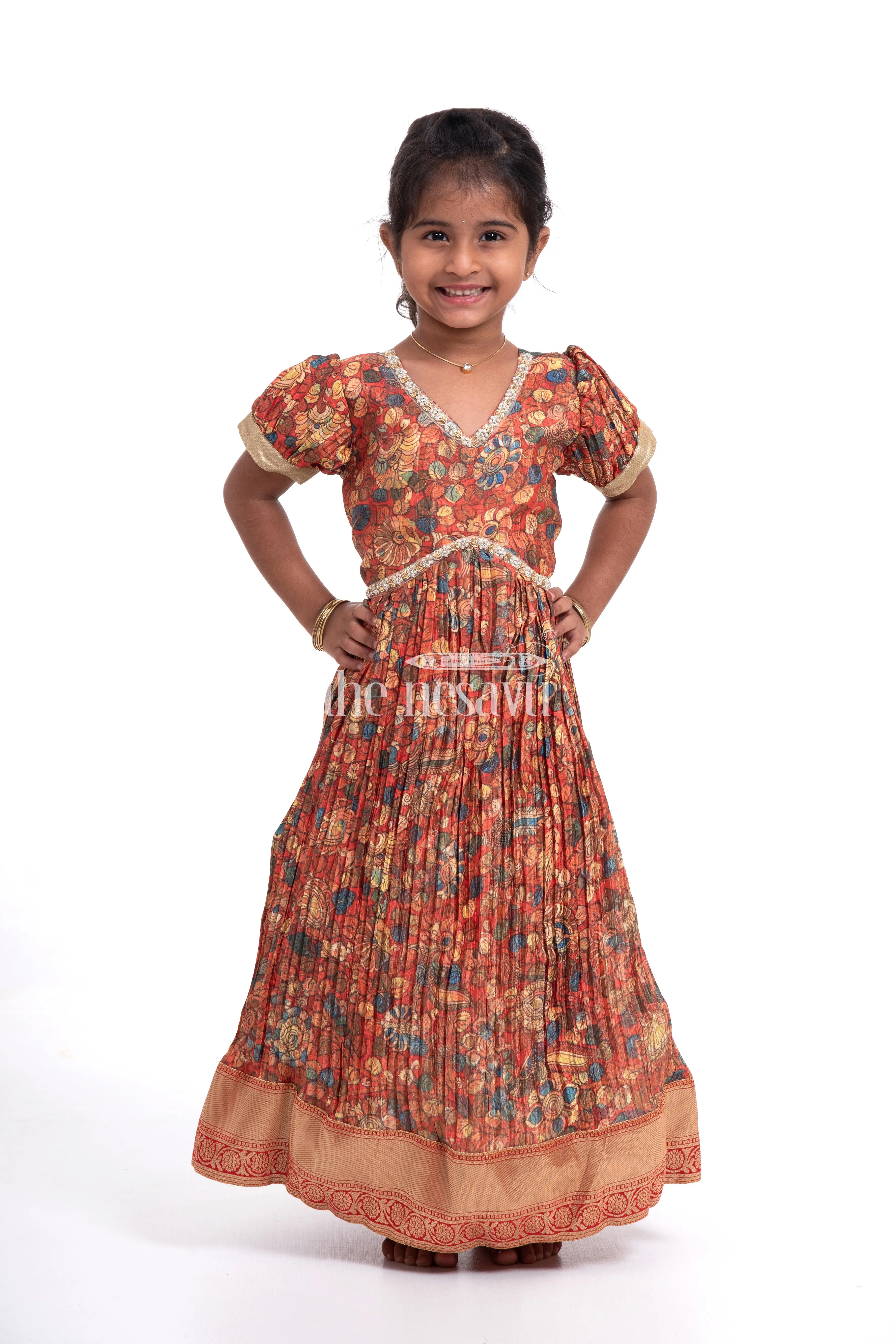 Exquisite Red Kalamkari Chinon Party Gown for Girls