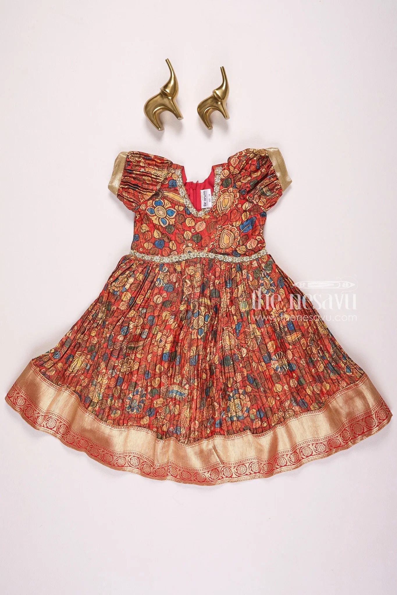 Exquisite Red Kalamkari Chinon Party Gown for Girls