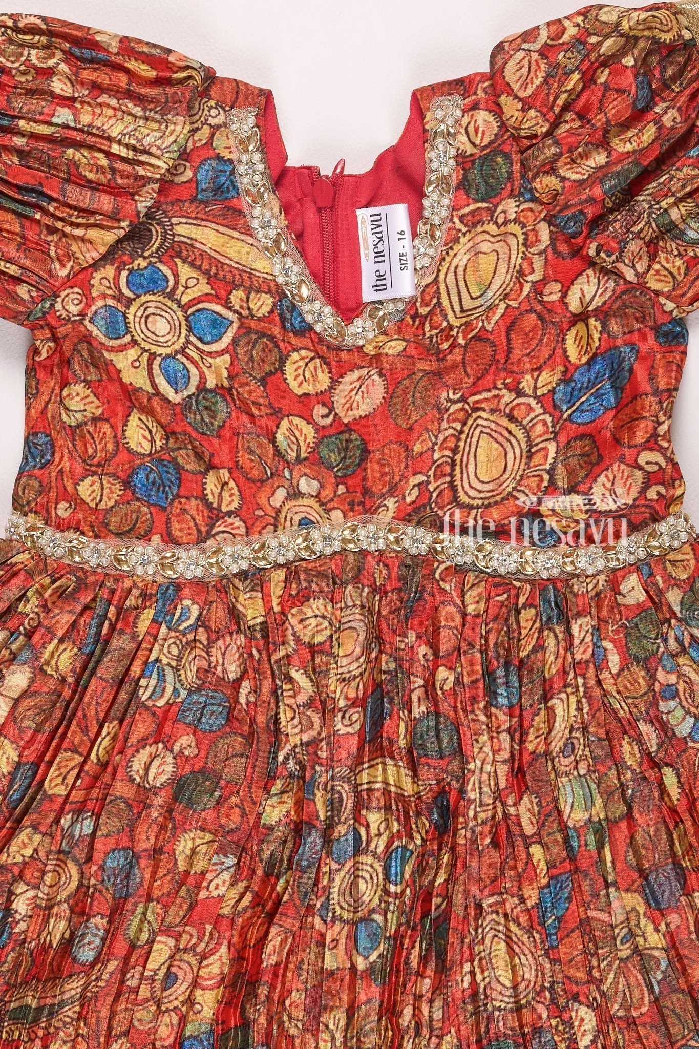 Exquisite Red Kalamkari Chinon Party Gown for Girls