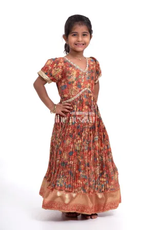 Exquisite Red Kalamkari Chinon Party Gown for Girls