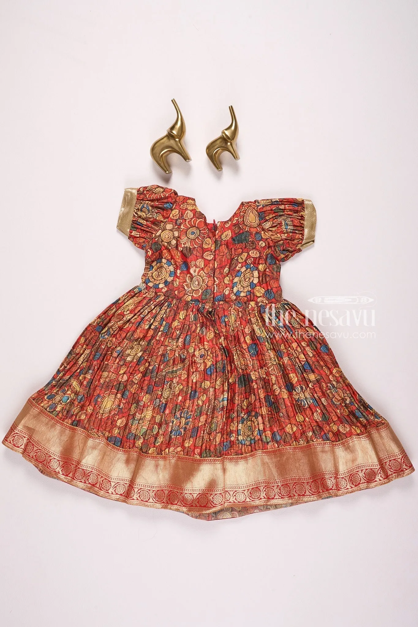 Exquisite Red Kalamkari Chinon Party Gown for Girls