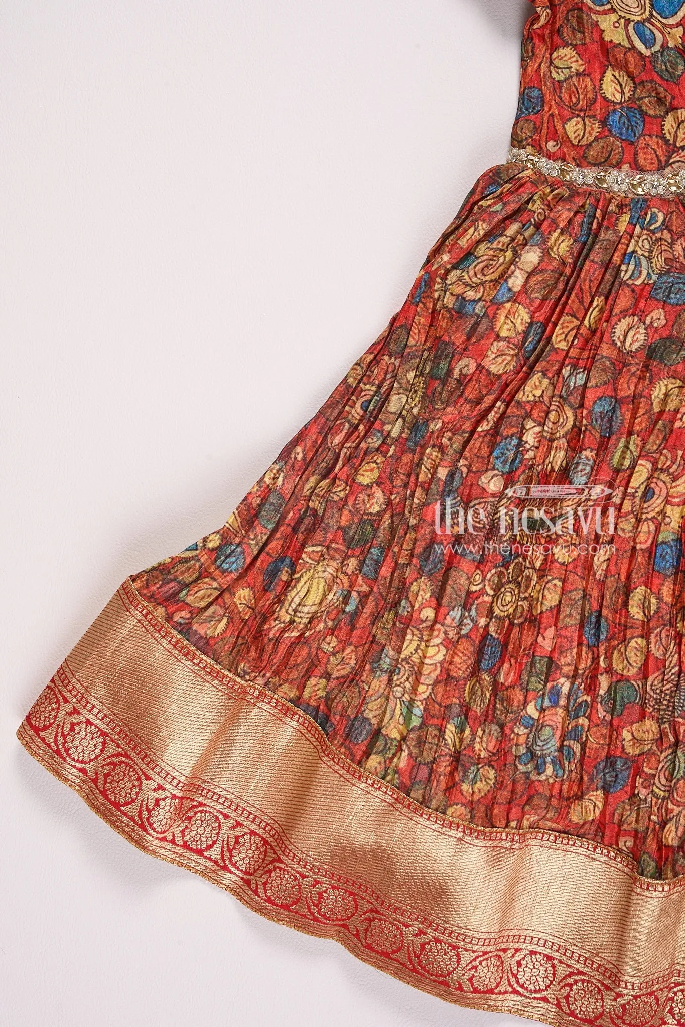 Exquisite Red Kalamkari Chinon Party Gown for Girls