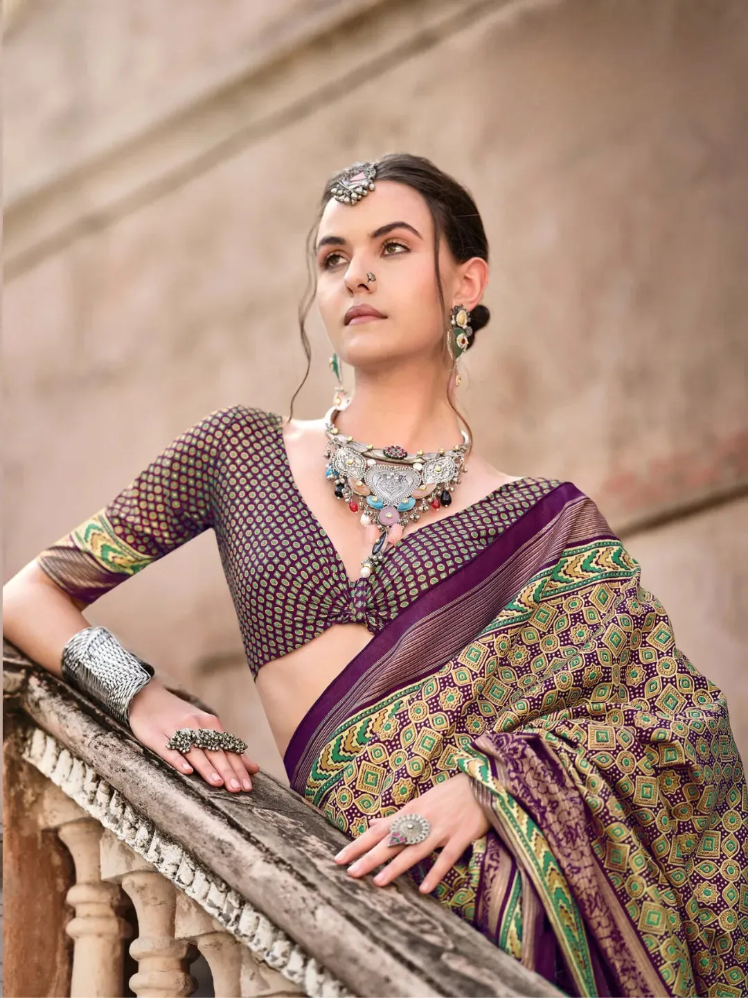 Exquisite Wine Ajrakh Printed Sigma Silk Traditional Saree