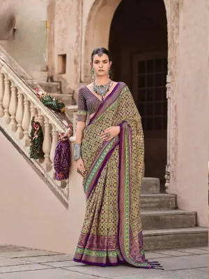 Exquisite Wine Ajrakh Printed Sigma Silk Traditional Saree