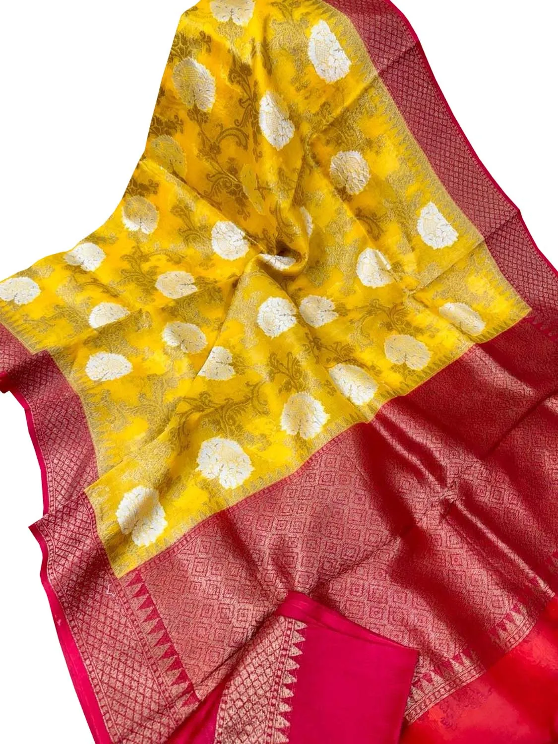 Exquisite Yellow Handloom Banarasi Pure Kora Silk Saree
